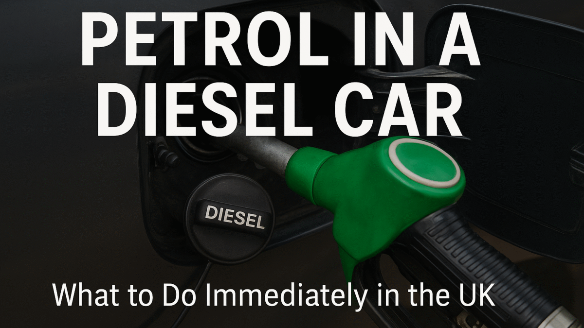 Green petrol nozzle inserted into a diesel car fuel tank with bold text overlay reading "Petrol in a Diesel Car – What to Do Immediately in the UK".