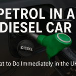 Green petrol nozzle inserted into a diesel car fuel tank with bold text overlay reading "Petrol in a Diesel Car – What to Do Immediately in the UK".