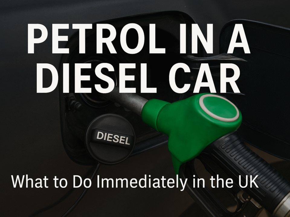 Green petrol nozzle inserted into a diesel car fuel tank with bold text overlay reading "Petrol in a Diesel Car – What to Do Immediately in the UK".