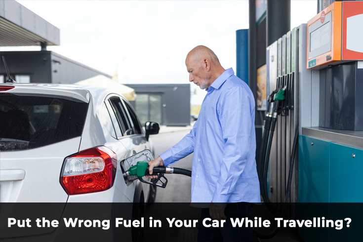 driver putting wrong fuel in car at petrol station while travelling UK