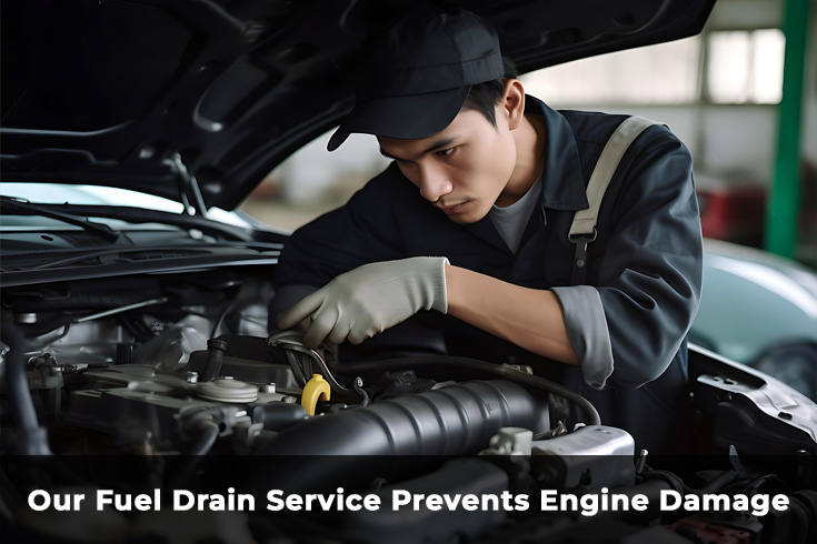 mechanic performing on-site fuel drain service to prevent engine damage after wrong fuel mistake in UK