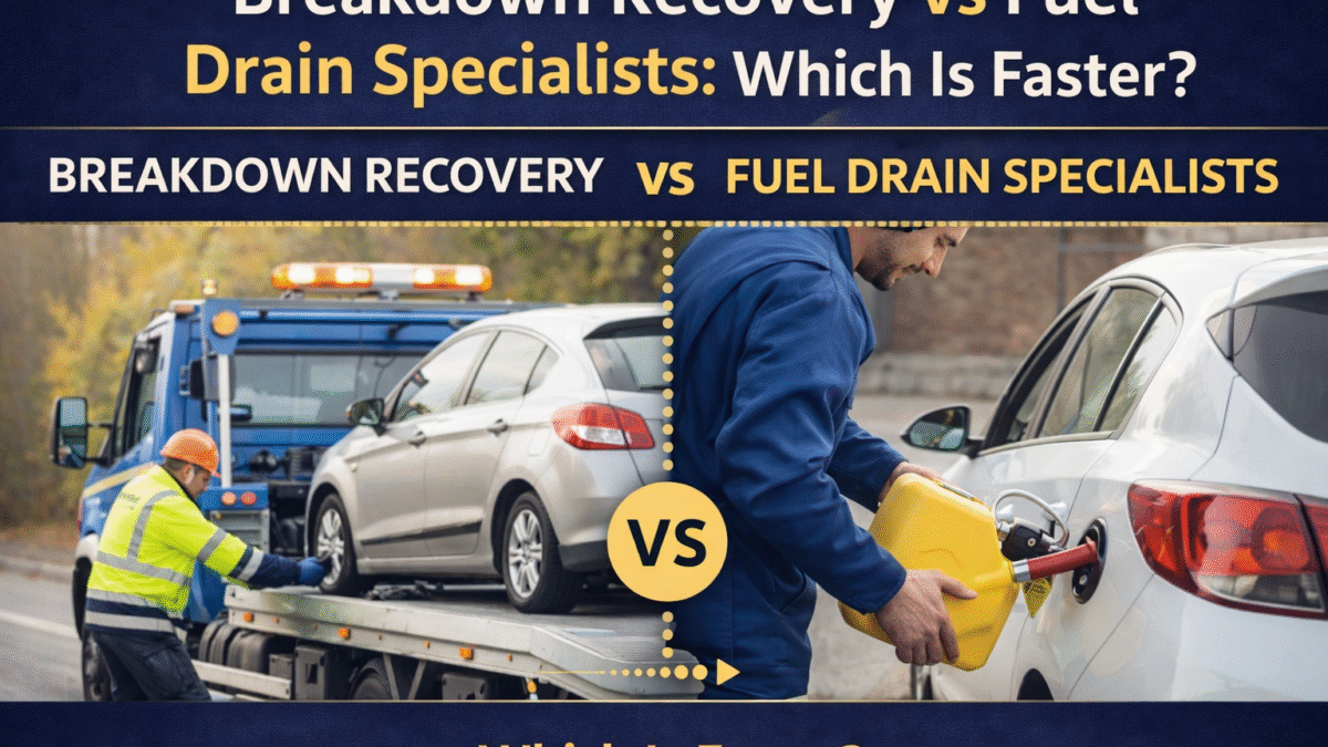 breakdown recovery vs fuel drain specialists comparison showing towing vs on-site fuel drain service UK